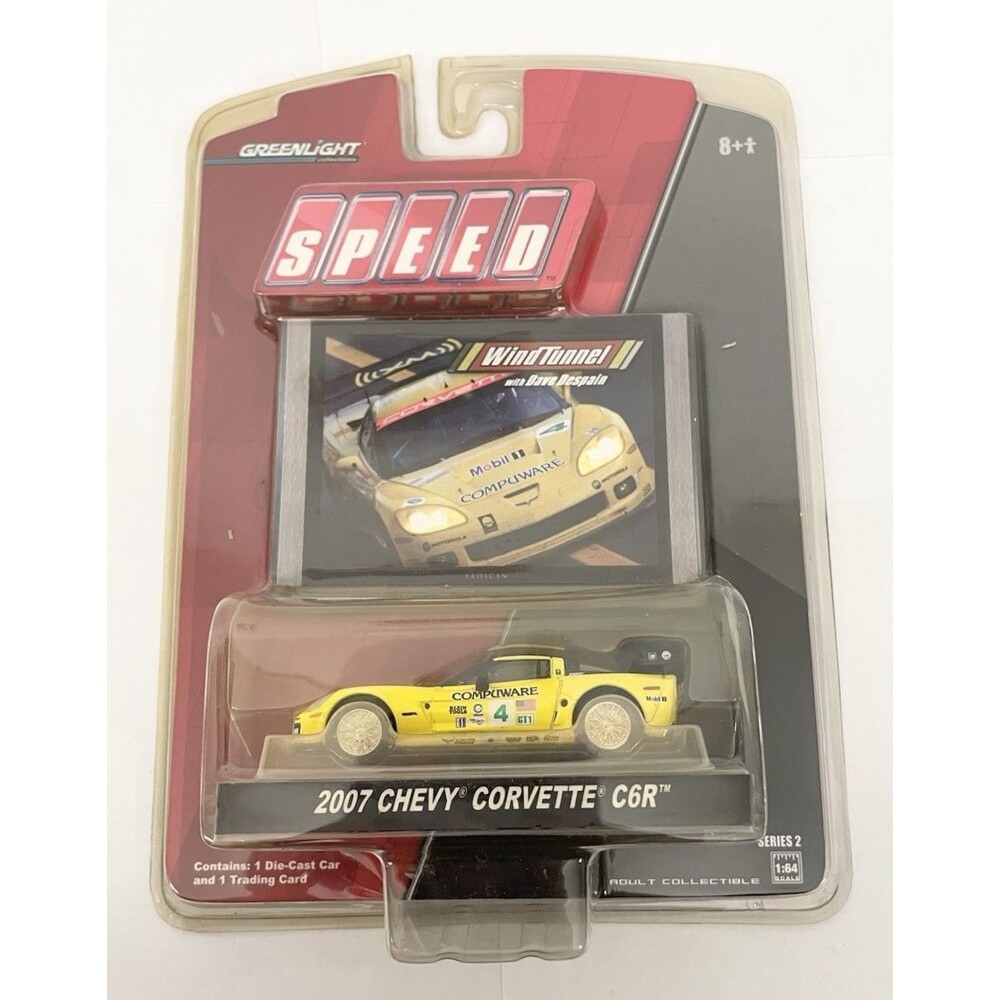 NEW GreenLight Speed 2007 Chevy Corvette C6R 1/64 Diecast Yellow & Trading Card